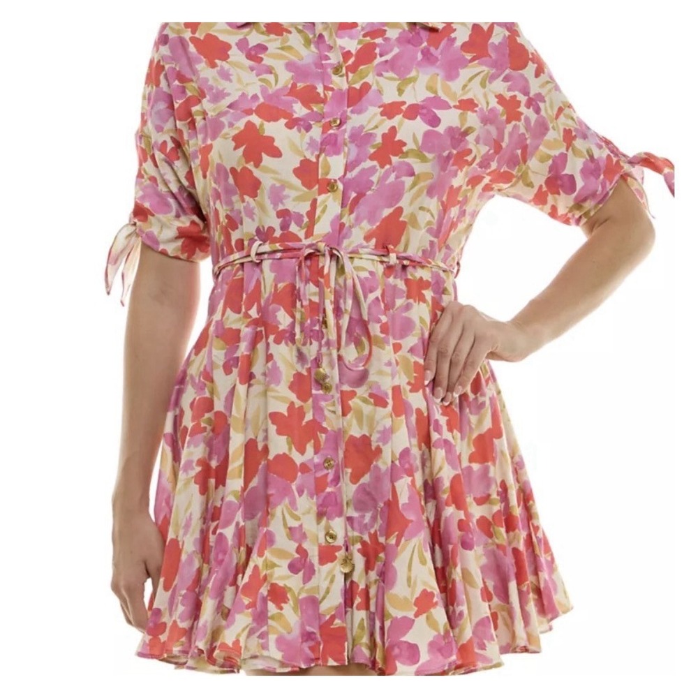 Taylor Womens Floral Fit Flare Shirt Dress 8 Pink Tie Waist Shell Charm Resort